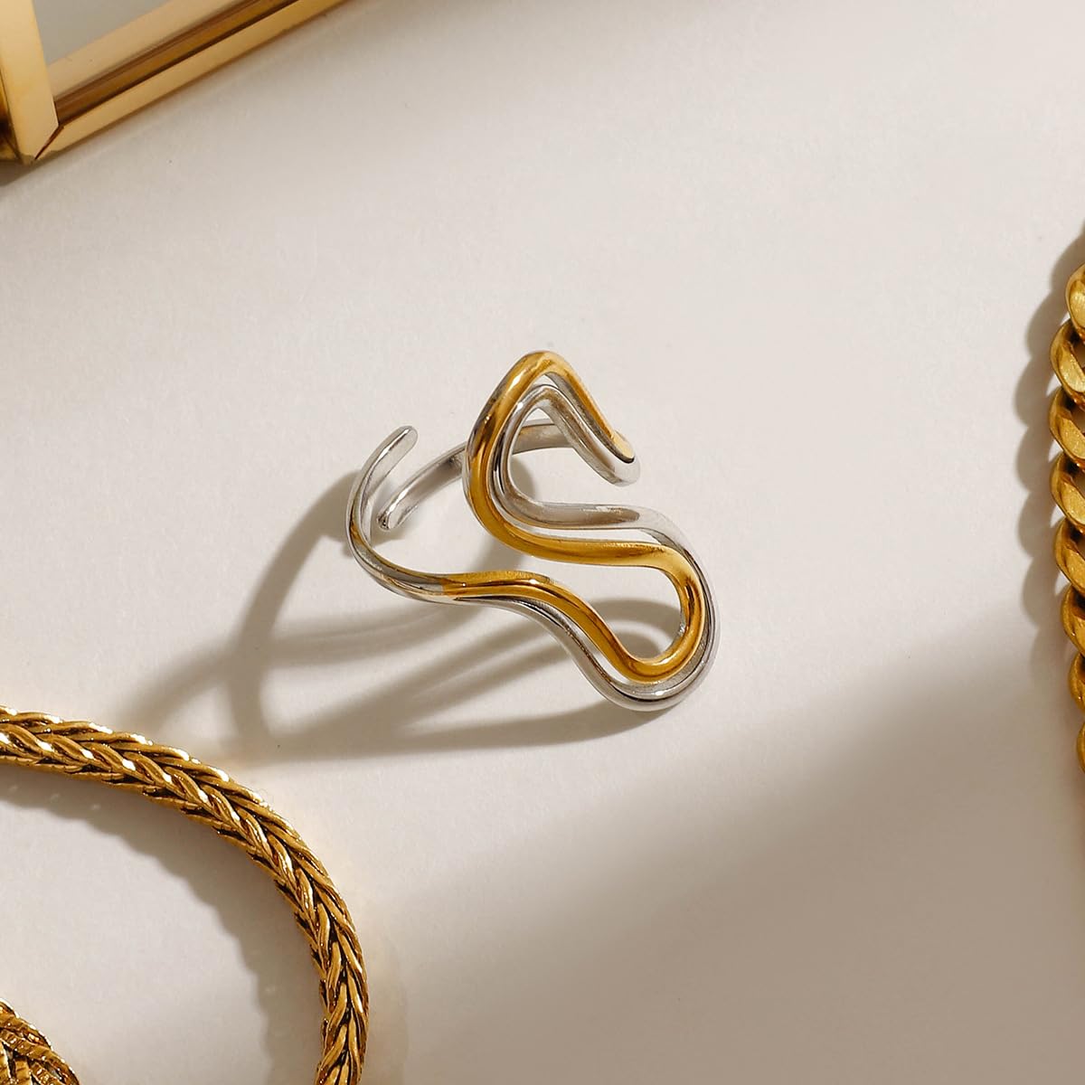 AIETUE Chunky Rings For Women, Gold Silver Thumb Ring Asymmetrical Wavy Curve Ring Adjustable Non Tarnish Dainty Stainless Steel New Year Anniversary Birthday Jewelry Gift (Unique-G&S Mixed)
