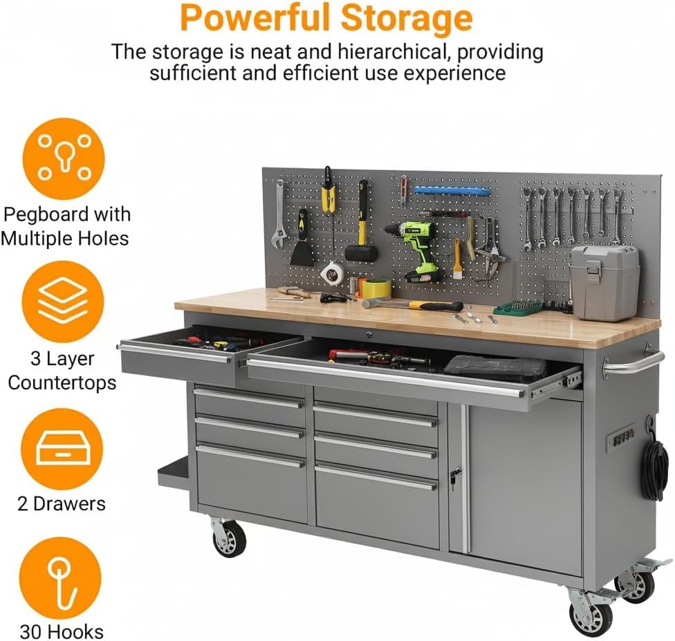 61 Inch Rolling Tool Chest, 10 Drawer Garage Tool Cabinet with Solid Rubber Wood Top, Heavy Duty Mobile Workbench with Power Strip, Lockable Steel Storage Organizer for Workshop and Home, Silver