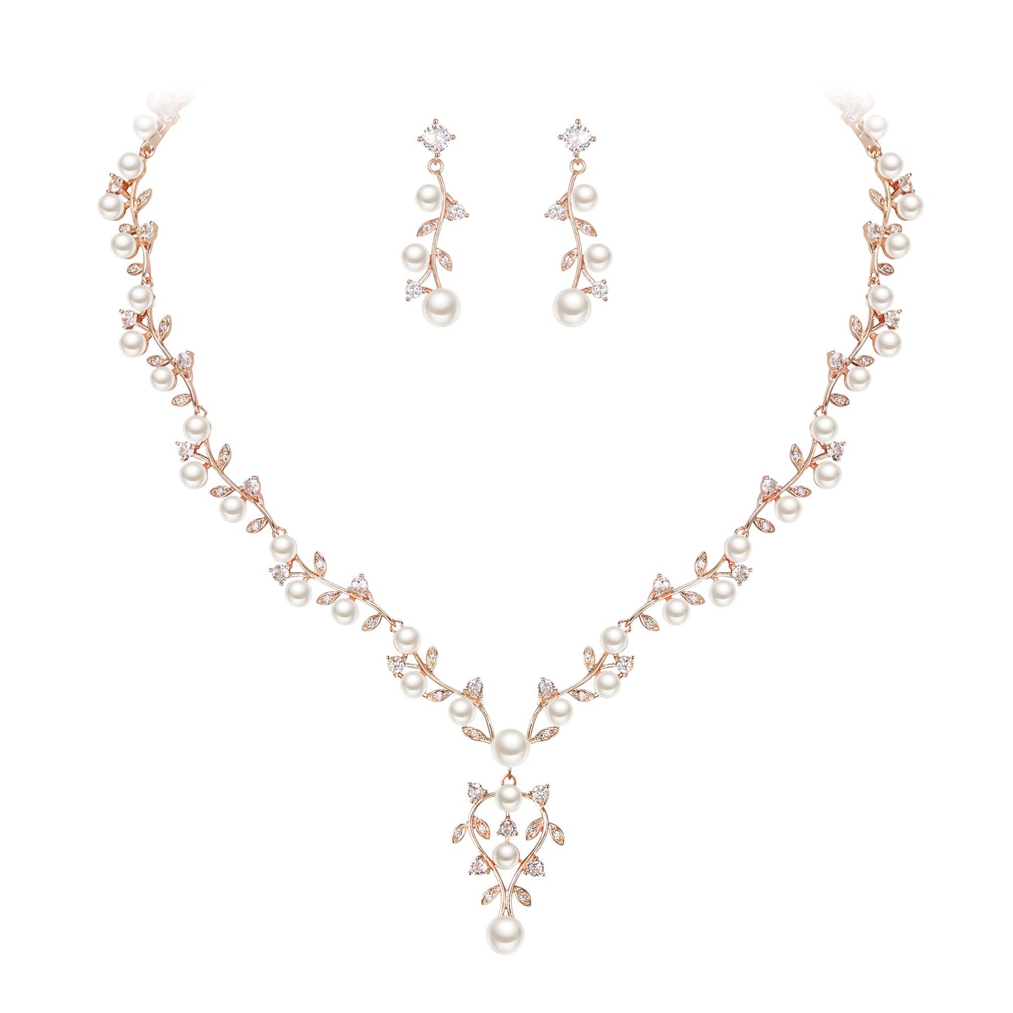 EVER FAITH Bridal Jewelry Sets for Women, White Cubic Zirconia Simulated Pearl Leaf Vine Wedding Bride Necklace Earrings Set Clear Rose Gold-Plated-Brass