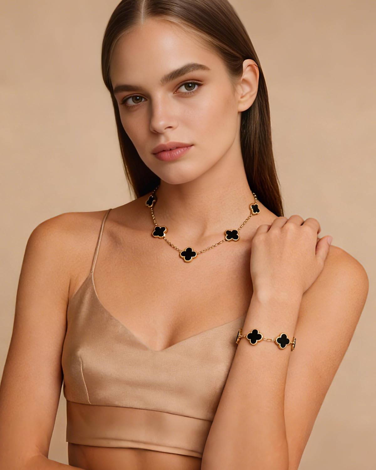 Aimétte Monette 18K Gold Plated Jewelry Set, Clover Necklace and Clover Bracelets Set, Women's Hypoallergenic Black Gold Lucky Clover Bracelet and Necklace Fashion Gifts for Women Trendy