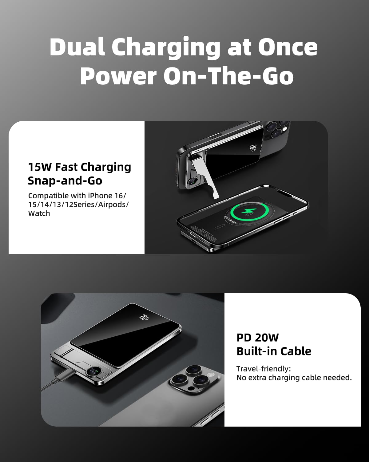 Magnetic Portable Charger 10000mAh 20W PD Fast Charging Foldable Stand & LED Display Magnetic Power Bank,Built-in USB-C Cable Battery Pack Compatible for iPhone 17/16/15/14/13/12 Series (10000mAh)