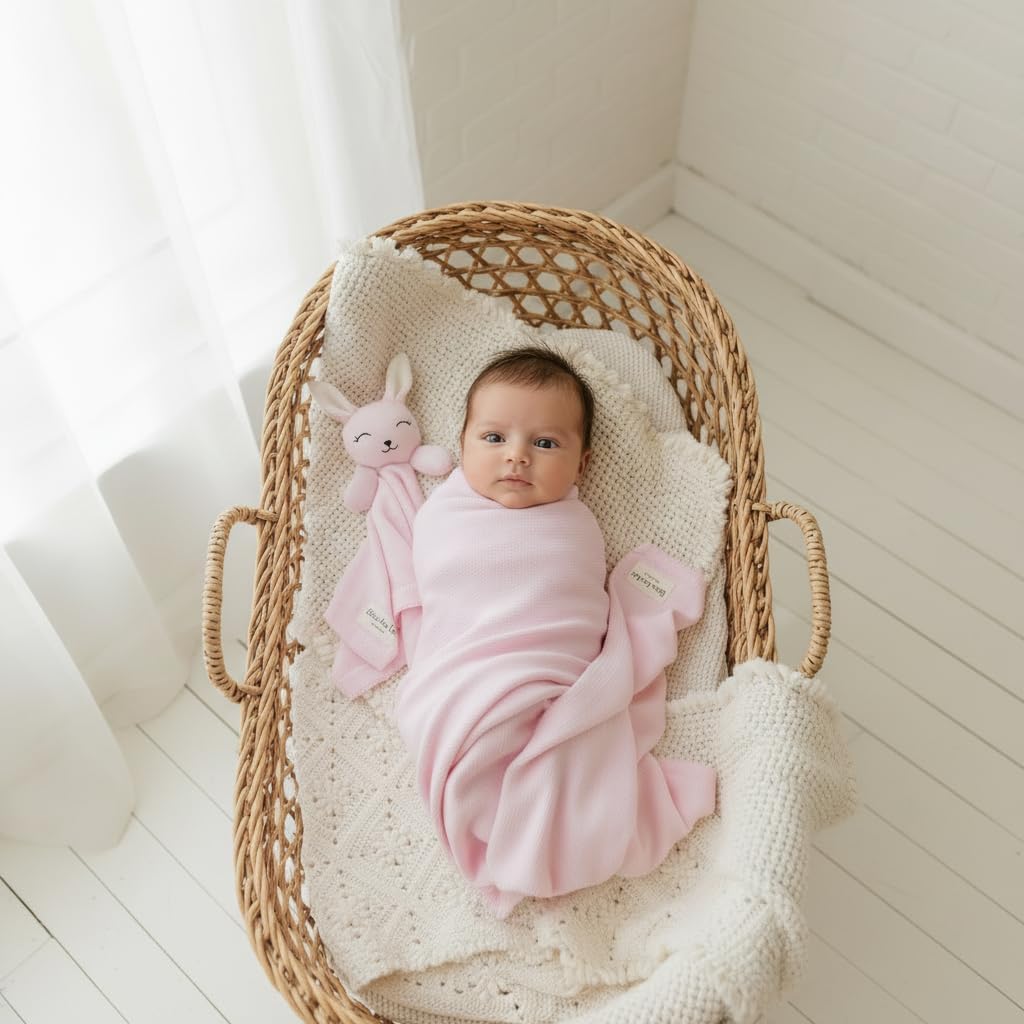 Bleu La La Baby Gift Set - Organic Cotton Newborn Blanket and Lovey Security Blanket Set, Thoughtful Baby Shower & New Baby Gift for Boys & Girls (Lovey - Bunny - Pink)