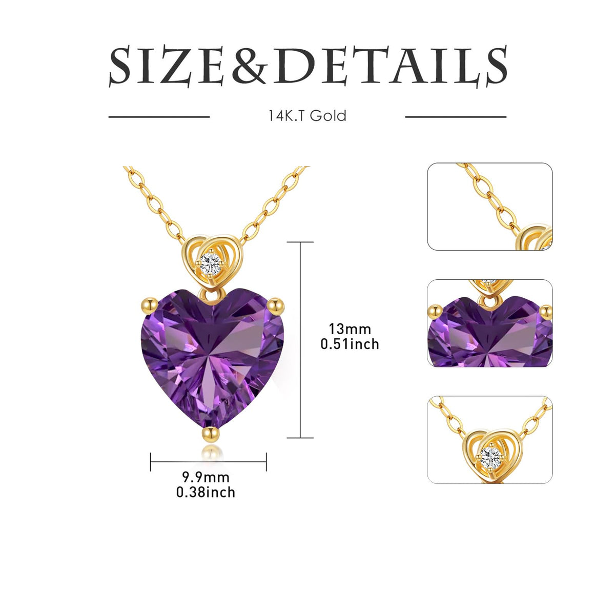 NFYBD 14k Gold Love Heart Amethyst Birthstone Pendant Necklace for Women 3 Carat Heart-cut Created Gemstone Anniversary Birthday Mother's Day Necklaces for Her 16+1+1 inch-Feb