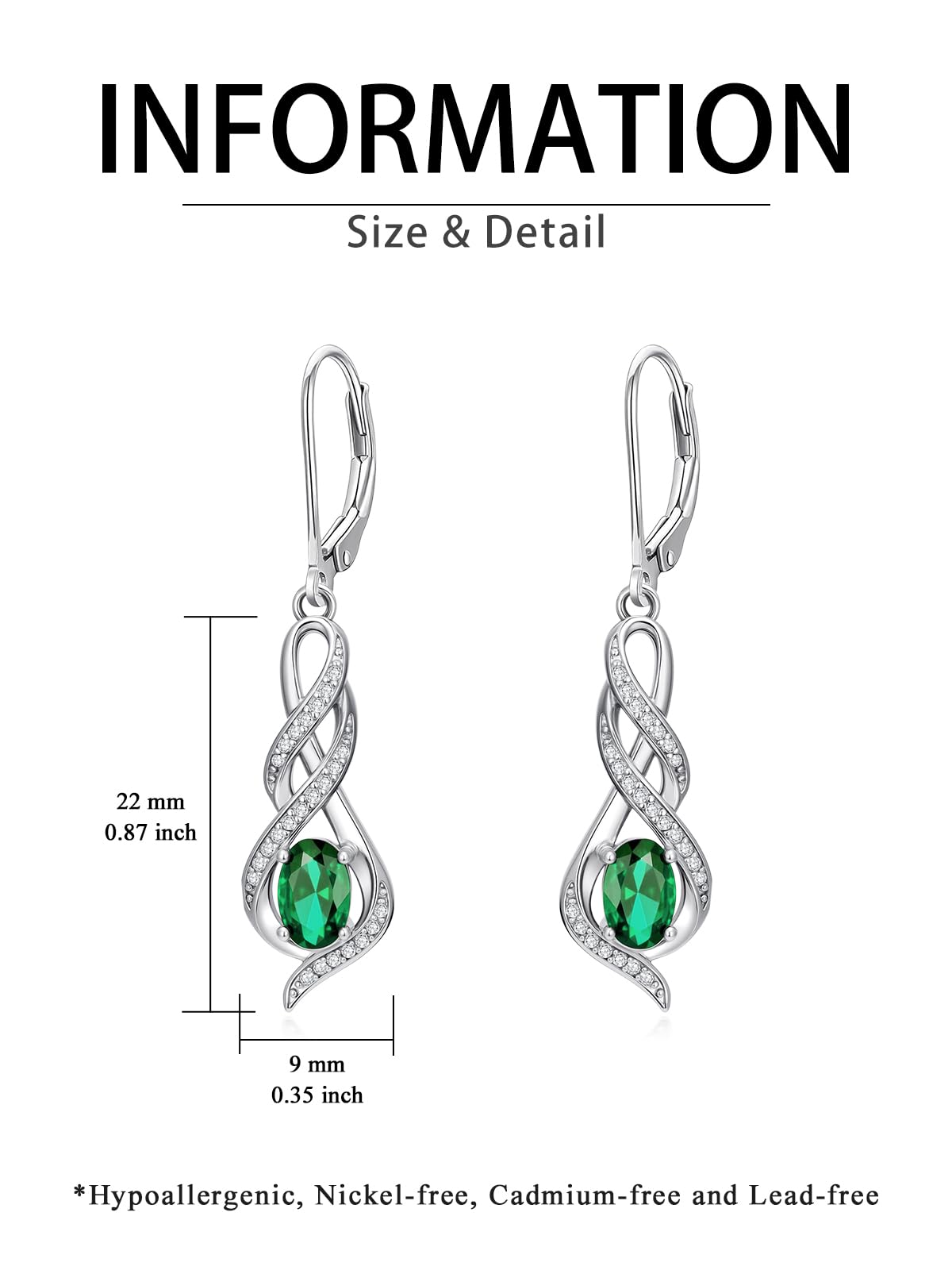 POIUY Woman Gifts for Birthday Emerald May Birthstone Infinity Leverback Dangle Earrings Hypoallergenic Drop Earrings Love Jewelry Anniversary Christmas Wedding Gift for Mom Wife Sister Daughter Girlfriend