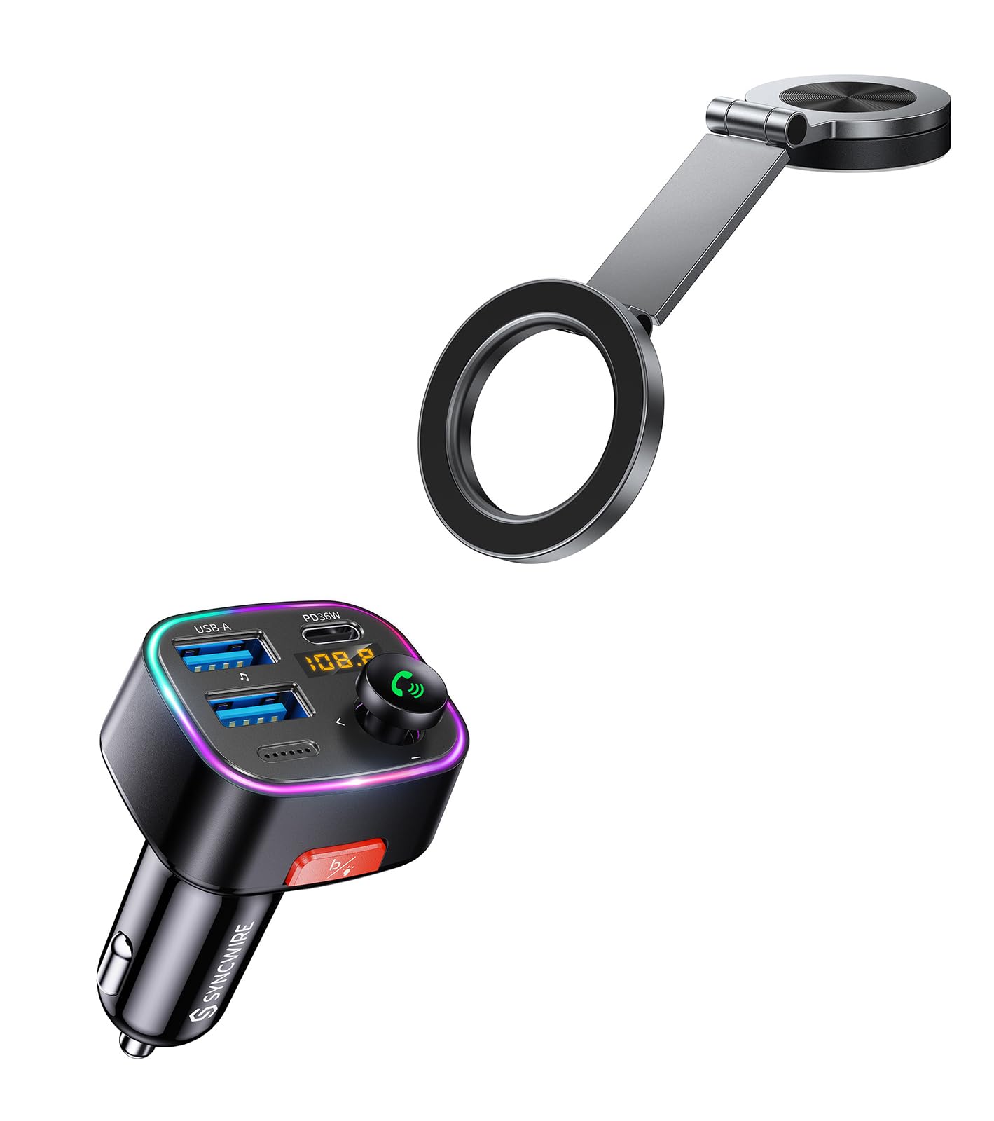 Syncwire Bluetooth 5.4 FM Transmitter Car Adapter 48W (PD 36W & 12W) and MagSafe Car Mount