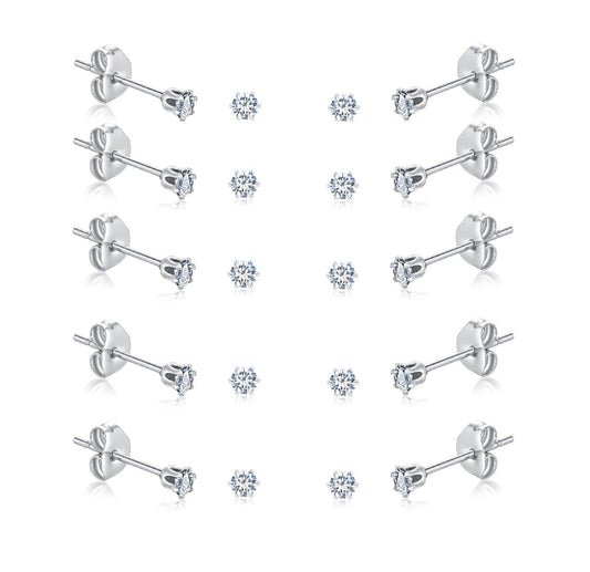 FOSIR 10 Pairs 3mm Tiny Women's Surgical Stainless Steel Clear Cubic Zirconia Stud Earrings, Hypoallergenic 316L Earrings Pack