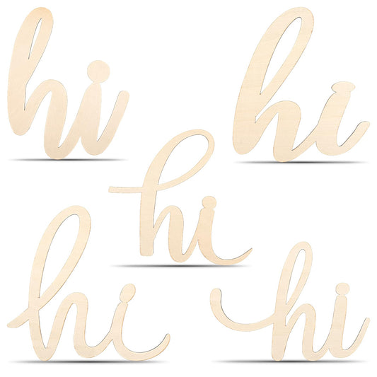 5Pcs Hi Wood Cutout Signs Unfinished Wooden Letters Word Laser Cut Script Sign for Front Door Wreath Crafts Painting Art Wall Letter Board Home Decor