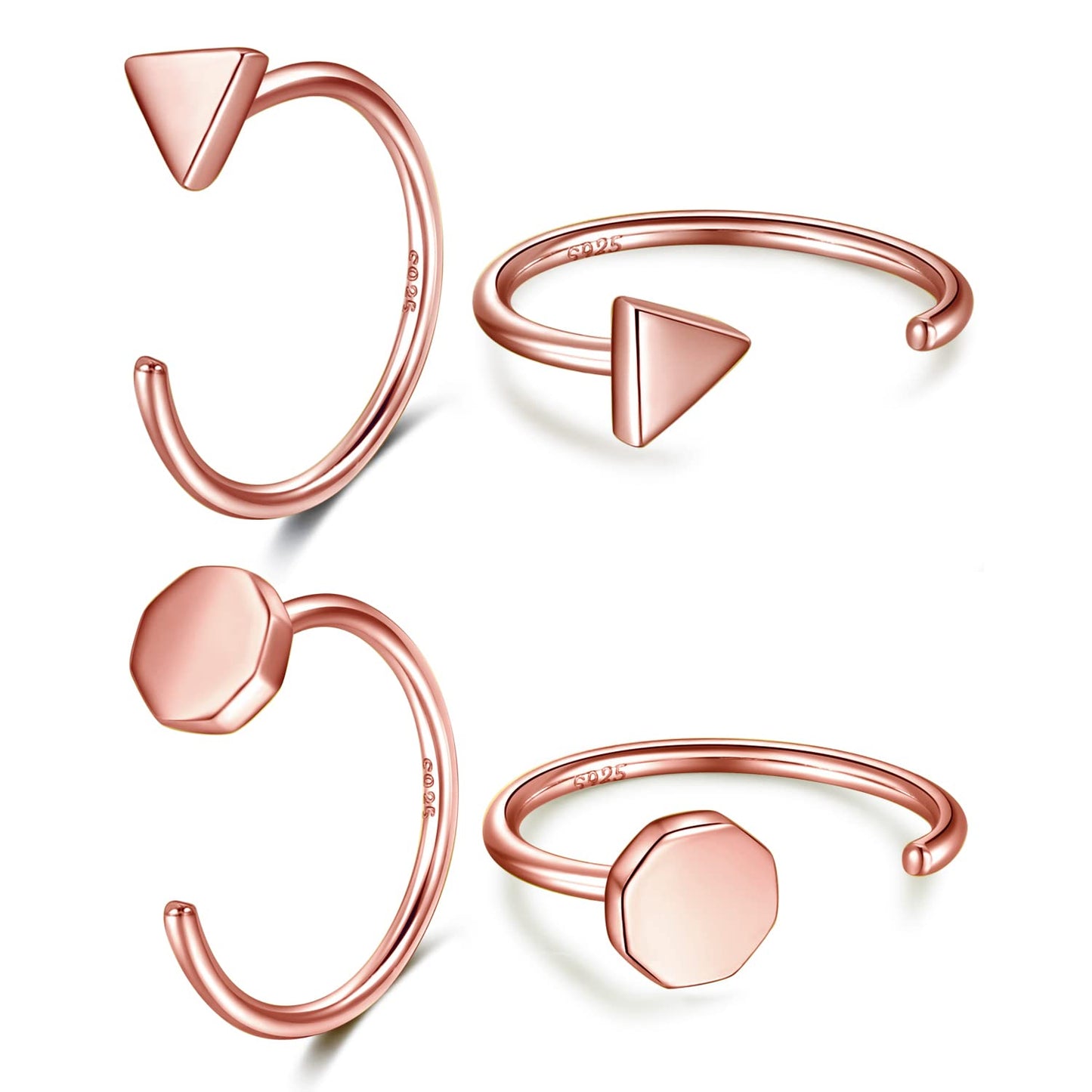Huggie Hoop Earrings 18K Rose Gold Plated 925 Sterling Silver Triangle Dot Half Hoop Earrings for Women Open Hoop Earrings Little Huggie Hoop Earrings Huggy Hoop Earrings 2 Pairs