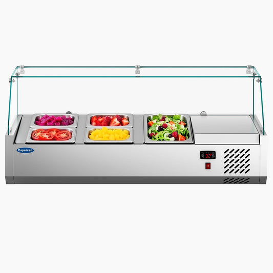 Capeivan Commercial Salad Bar Refrigerator with 3×1/3 GN Pans - 170W Countertop Refrigerated Display Case for Sandwich Prep, Cold Buffet & Portable Food Storage (0-12℃/32-53.6℉, Stainless Steel)