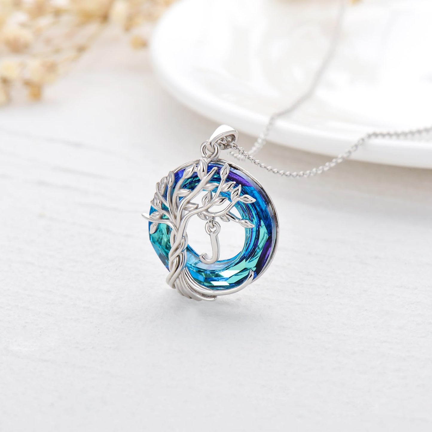 TOUPOP Tree of Life Initial Necklace Gifts for Women Sterling Silver Initial J Letter Jewelry Irish Crystal Pendant Birthday Gifts for Women Her Mom Wife Daughter