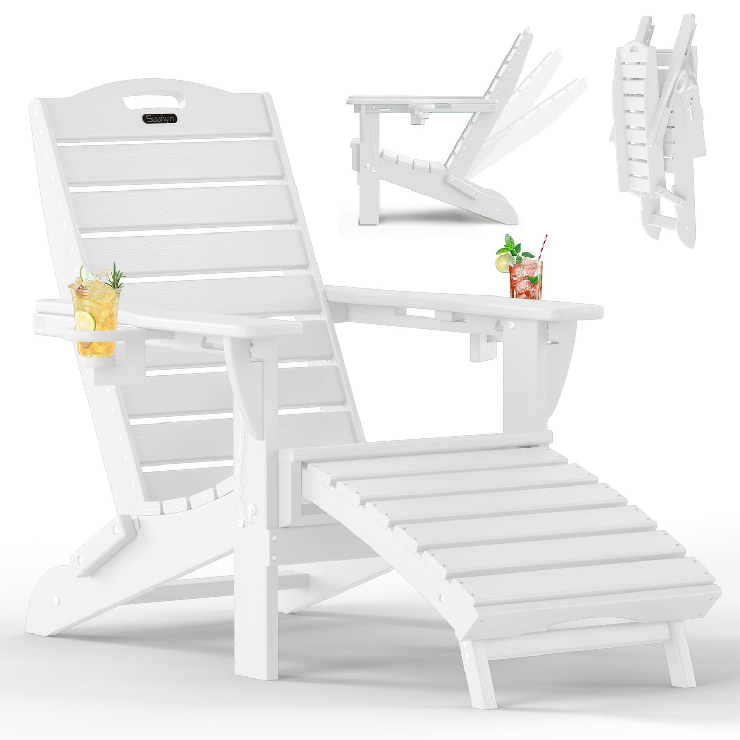 SUUNYN Folding Adirondack Chair with Retractable Ottoman, Weather Resistant Fire Pit Chair Patio Chair with 2 Cup Holder Lawn Outdoor Lounge Chair (White)