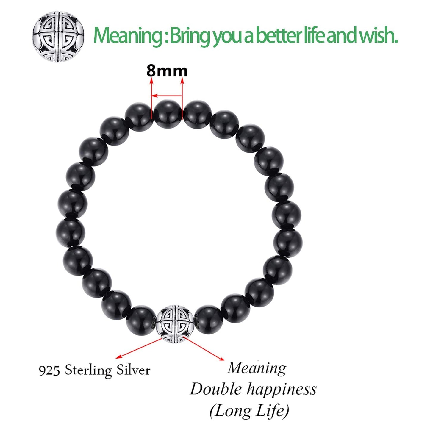 MetJakt Healing Crystals Beaded Bracelets for Womens Natural Gemstone 8mm Beads Stretch Bracelets with 925 Sterling Silver Double Happiness Pendant (Black Agate)