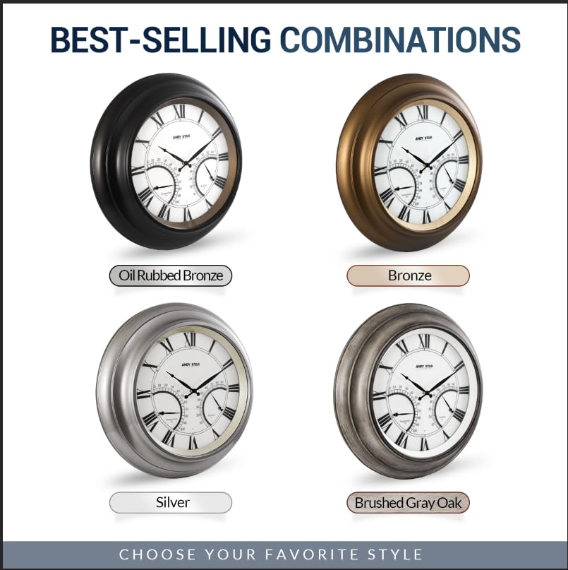 ANDY STAR 24 Inch Outdoor Clocks Waterproof,Large Outdoor Wall Clocks for Patio with Thermometer Combo, Silent Weatherproof Illuminated Metal Clock Battery Operated with Thermometer&Hygrometer, Bronze