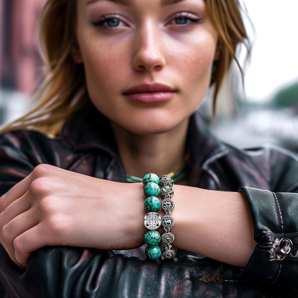 MetJakt Healing Crystals Beaded Bracelets for Womens Natural Gemstone 8mm Beads Stretch Bracelets with 925 Sterling Silver Double Happiness Pendant (African Turquoise AAAAA+)