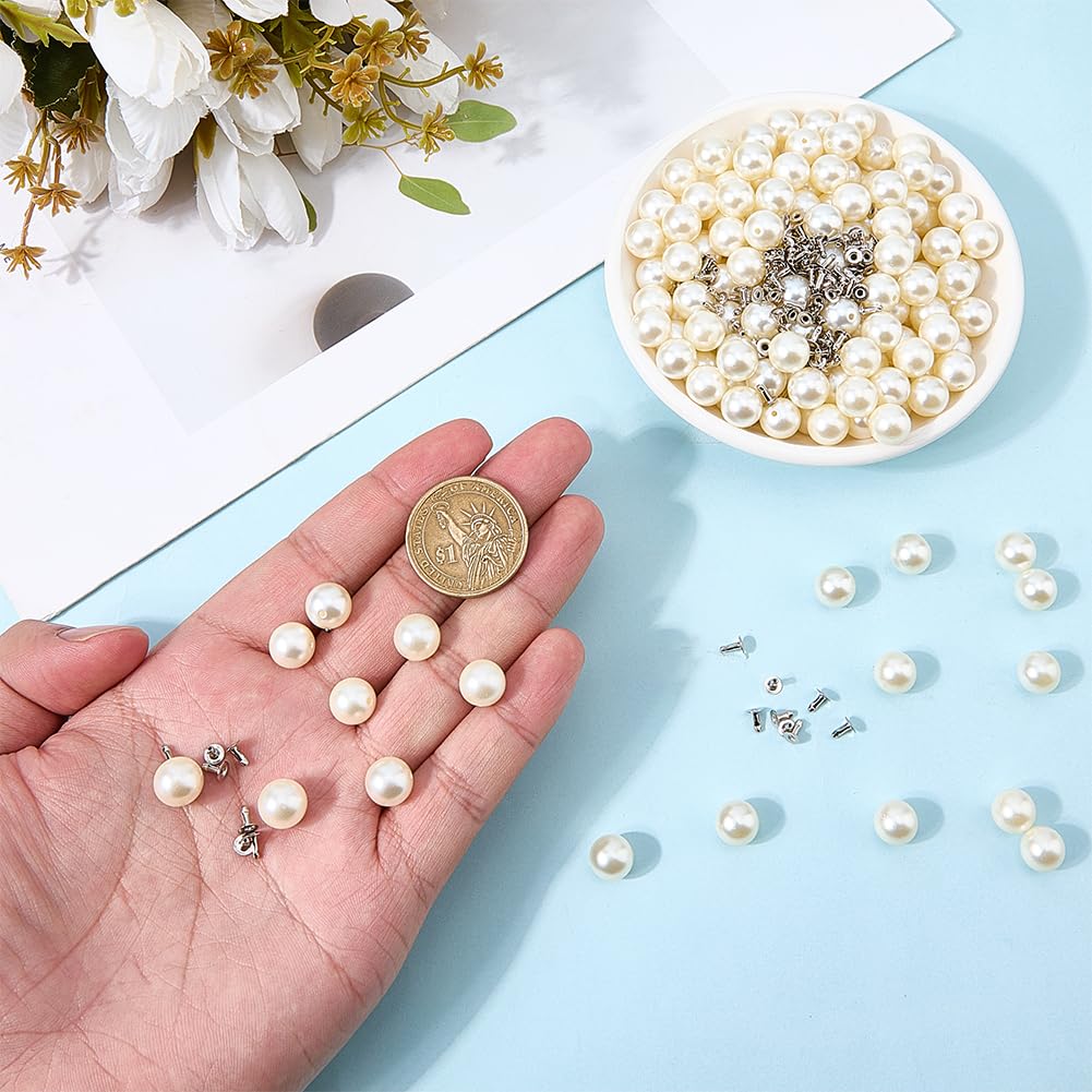 CALFOVERA 10mm Round Half Hole Pearl Rivet Studs 180PCS Leather Pearl Bead Rivet Buttons Spikes with Iron Findings for DIY Leather Clothing Craft Belts Hand Bags Hat Shoes Accessories