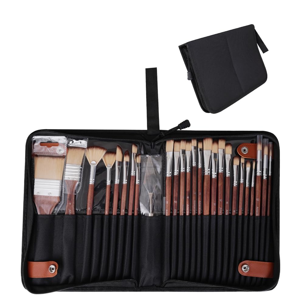 Simpson Sellers 26PCS Paint Brush Set with Palette Knife, Professional Acrylic Oil Watercolor Painting Kit, Flat Filbert Fan Round Detail Tools, Travel Canvas Case for Artists,Face Painting