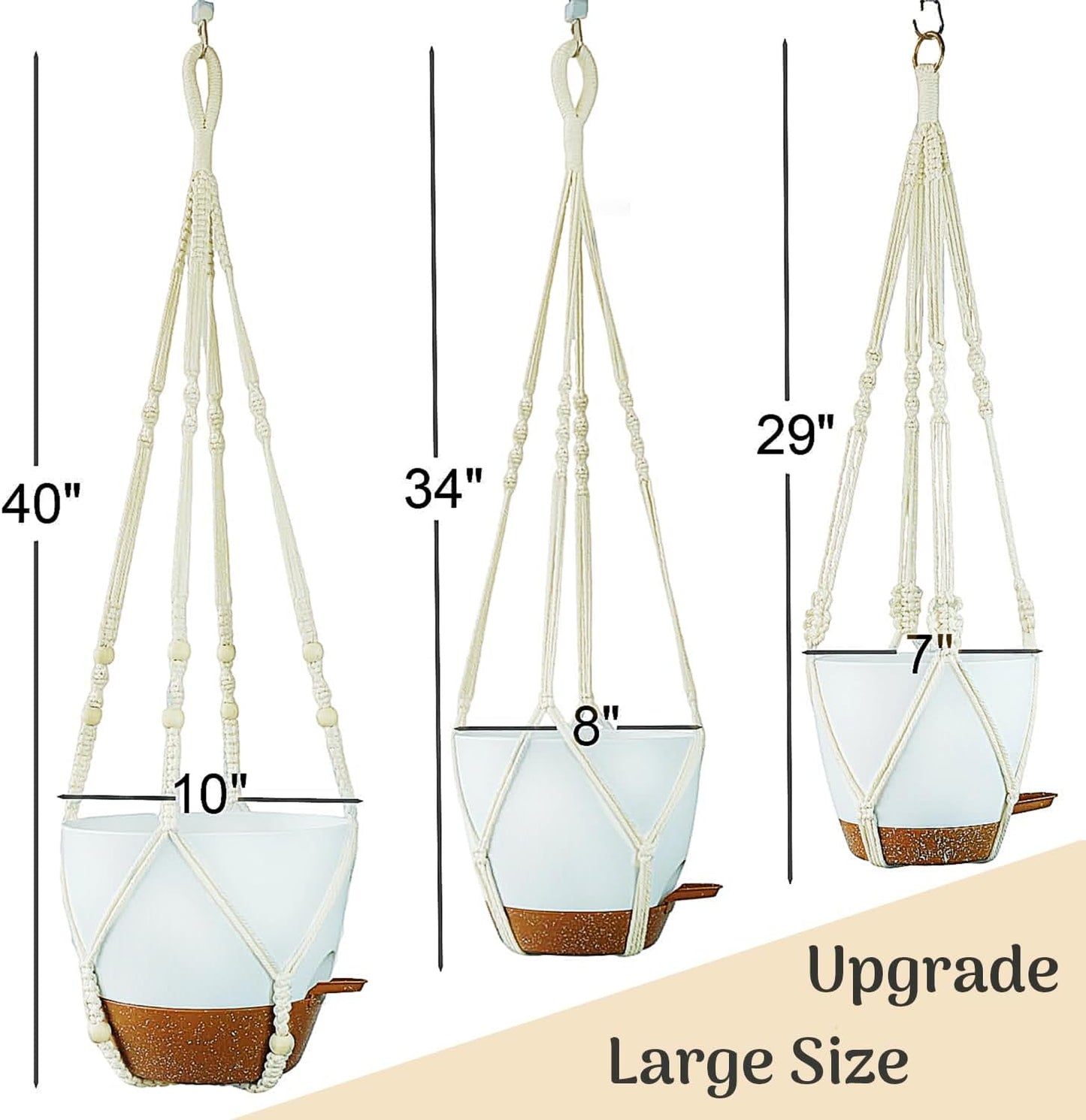 Bouqlife 3 Pack 10/8/7 Inch Hanging Planters for Indoor Plants with Self-Watering Hanging Pots with Drainage, 3 Different Size Macrame Plant Hangers with Hooks White Large