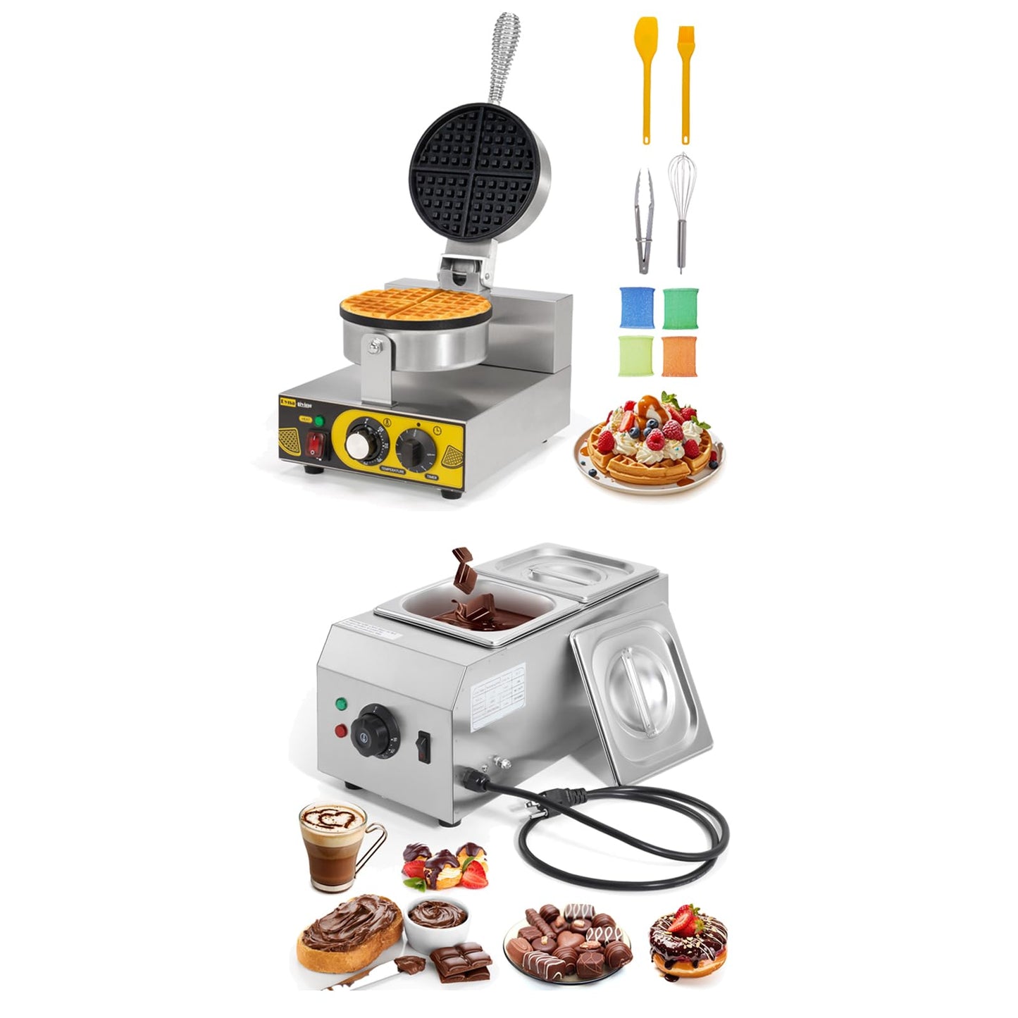 Dyna-Living Single Head Commercial Waffle Maker 1200W & 2-Tanks Commercial Chocolate Tempering Machine Chocolate Tempering Pot