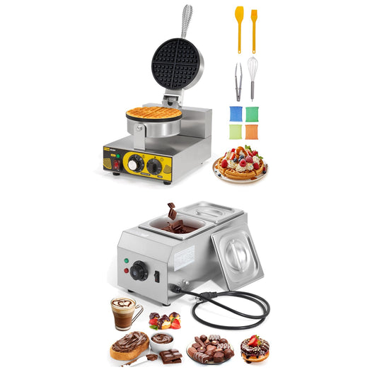 Dyna-Living Single Head Commercial Waffle Maker 1200W & 2-Tanks Commercial Chocolate Tempering Machine Chocolate Tempering Pot