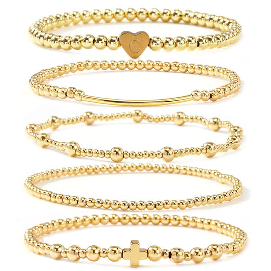 14K Gold Cross Beaded Initial Bracelet Stack for Women,Dainty Stretch Gold Plated Letter “C” Stackable Bracelets Bohemian Layered Prom Party Accessories Jewelry Gift Friendship