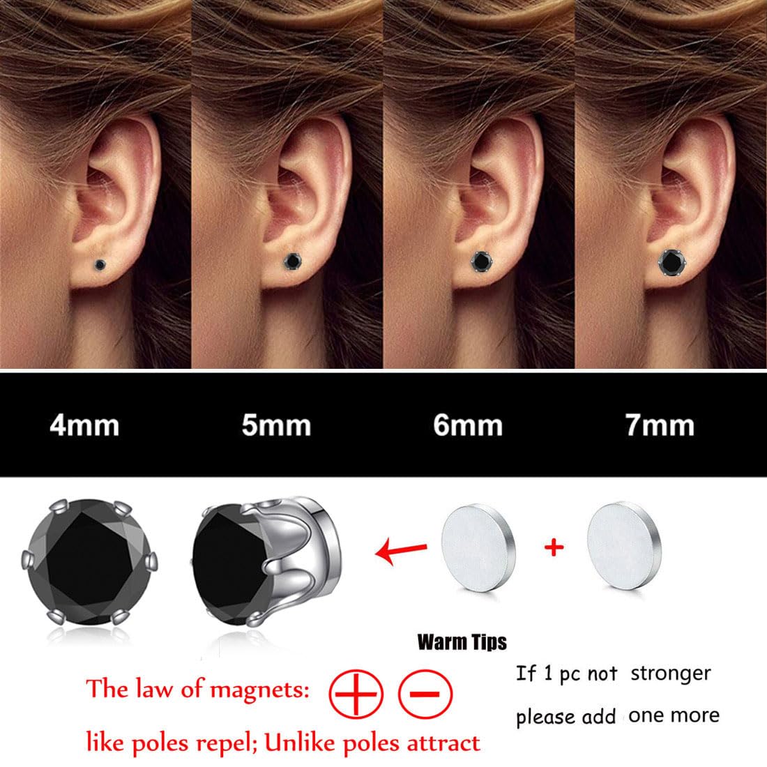Spiritlele 12 Pairs Red Small Big Cubic Zirconia Magnetic Earrings Clip on Non Piercing Earrings Set Unisex 4MM-7MM
