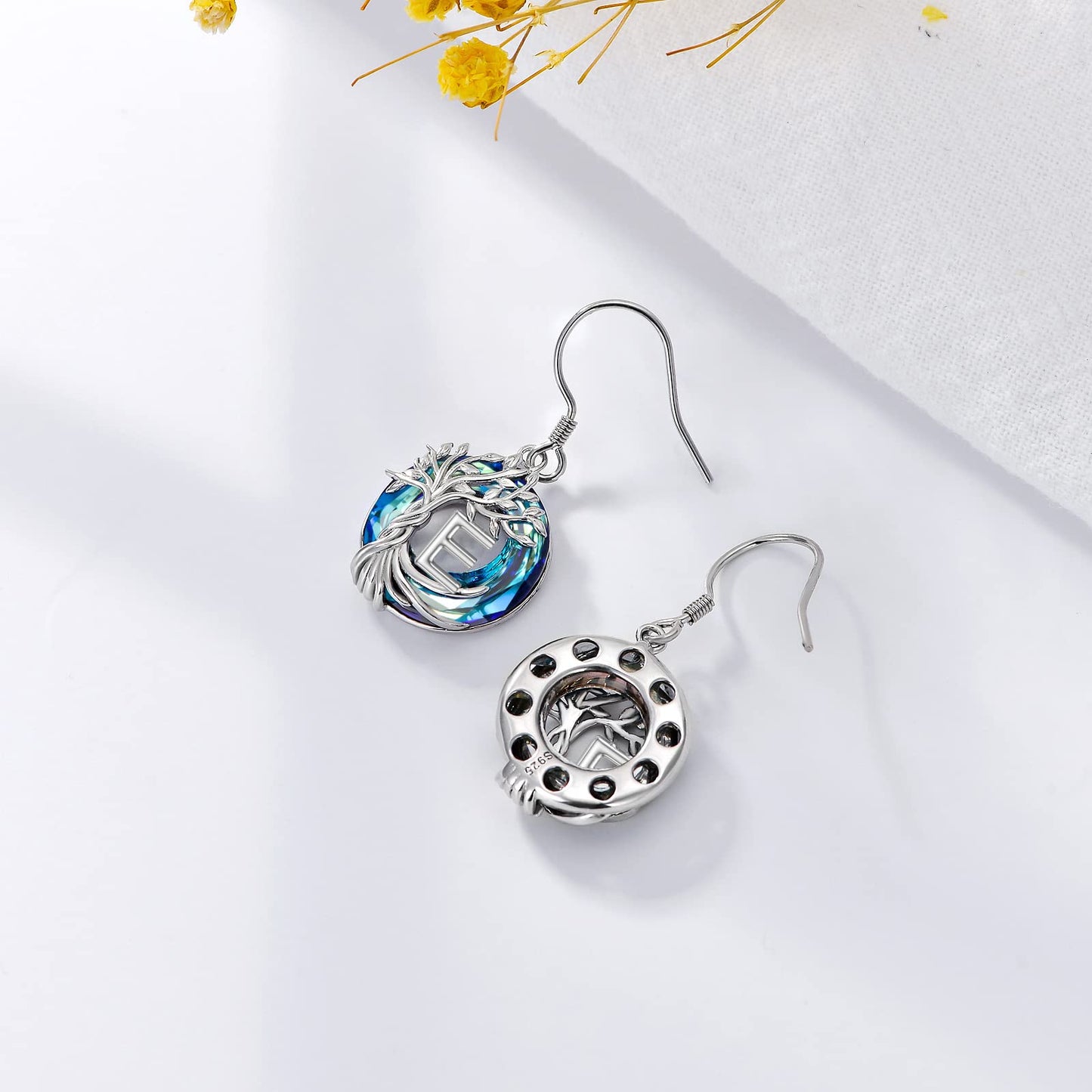TOUPOP Tree of Life Initial Earrings Sterling Silver Initial E Letter Drop Dangle Earrings Blue Circle Crystal Family Tree Jewelry Birthday Mothers Day Gifts for Women Mom Her