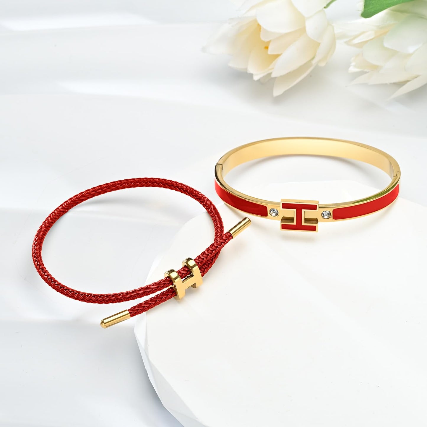 Hothink H Bracelets for Women,H Bangle and H Wire Rope Bracelet Set,Dainty 18K Gold Plated Bracelets Set for Christmas Mothers Day Gifts for Women (Gold-Red)