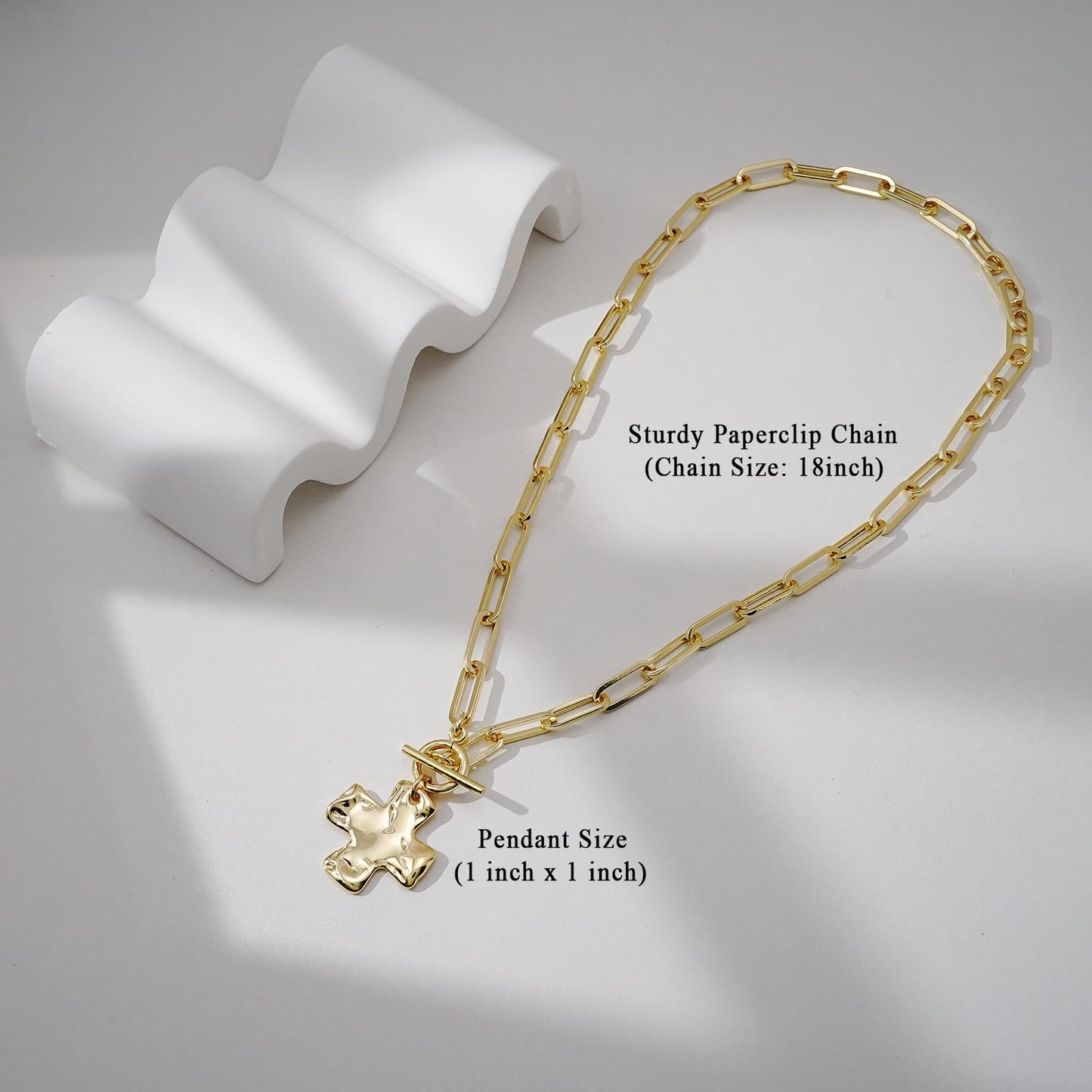 Bheop Chunky Cross Necklace for Women Trendy 14K Real Gold Plated Statement Cross Pendant Charm Necklace Toggle Clasp Long Big Paperclip Faith Chain Costume Jewelry Gift Non Tarnish 2.5CM