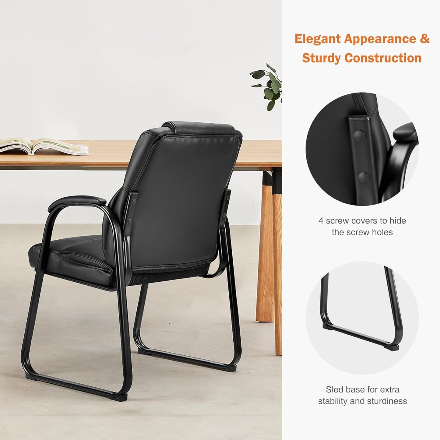 Sweetcrispy Waiting Room Guest Chair Set of 6, Leather Stationary Office Reception Chairs No Wheel, Comfy Padded Arms and Seld Base, for Conference Room Lobby Home Desk Bedroom Elderly, Black