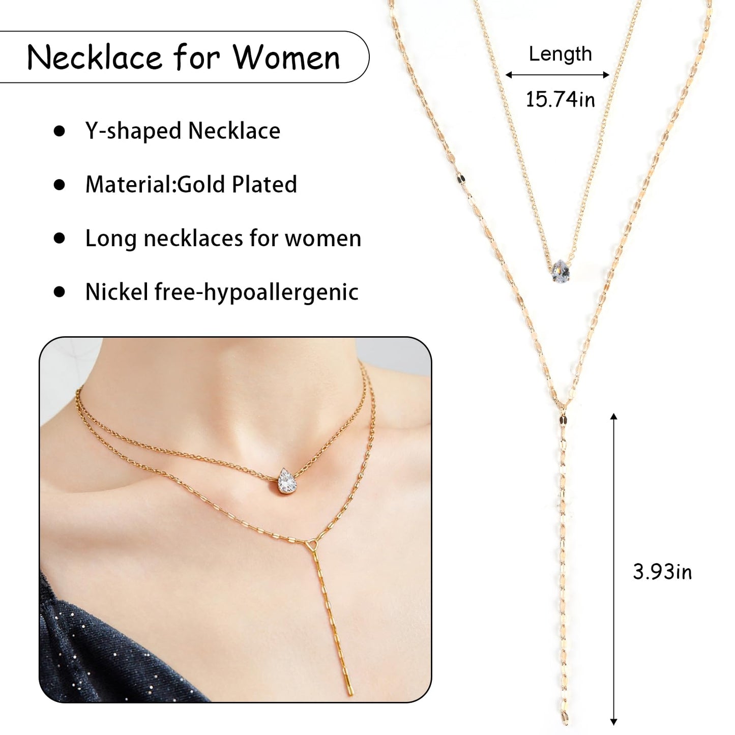 ENGCKSHI Necklace for Women, Dainty Long 14K Gold Y-Shaped Necklace Jewelry Trendy Beaded Layered Chain Drop Necklaces Jewelry Women Gifts