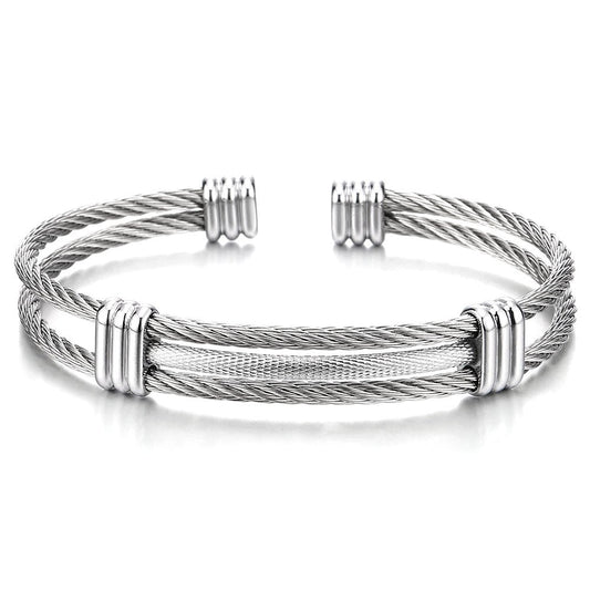 COOLSTEELANDBEYOND Men's Stainless Steel Cable Wire Cuff Bracelet With Twisted Rope Design, Minimalist Open Bangle, Adjutable, Two Strand Wrist Accessory