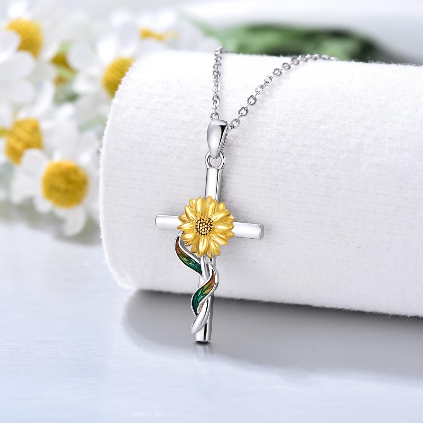 Silikepa Sunflower Necklace for Women 925 Sterling Silver Sunflower Cross Pendant Necklace Christian Jewelry Gift for Women