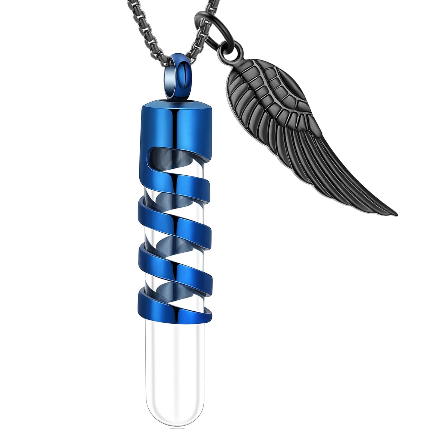 Oinsi Clear Glass Tube Cremation Urn Jewelry Ashes Holder Necklace Keepsake Memorial Pendant Including Box/Fill Kits (Blue (Angel wing))