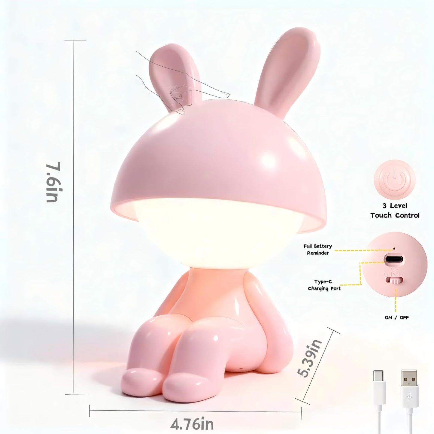 ShonlPin Night Lights for Kids,Rechargeable Table Light,Touch Bedside Lamps,Cordless Dimmable Warm White Light,Baby Nursery,Breastfeeding,Sleep Aid,Bunny Cute Decor Gifts for Newborn Toddler Boy Girls
