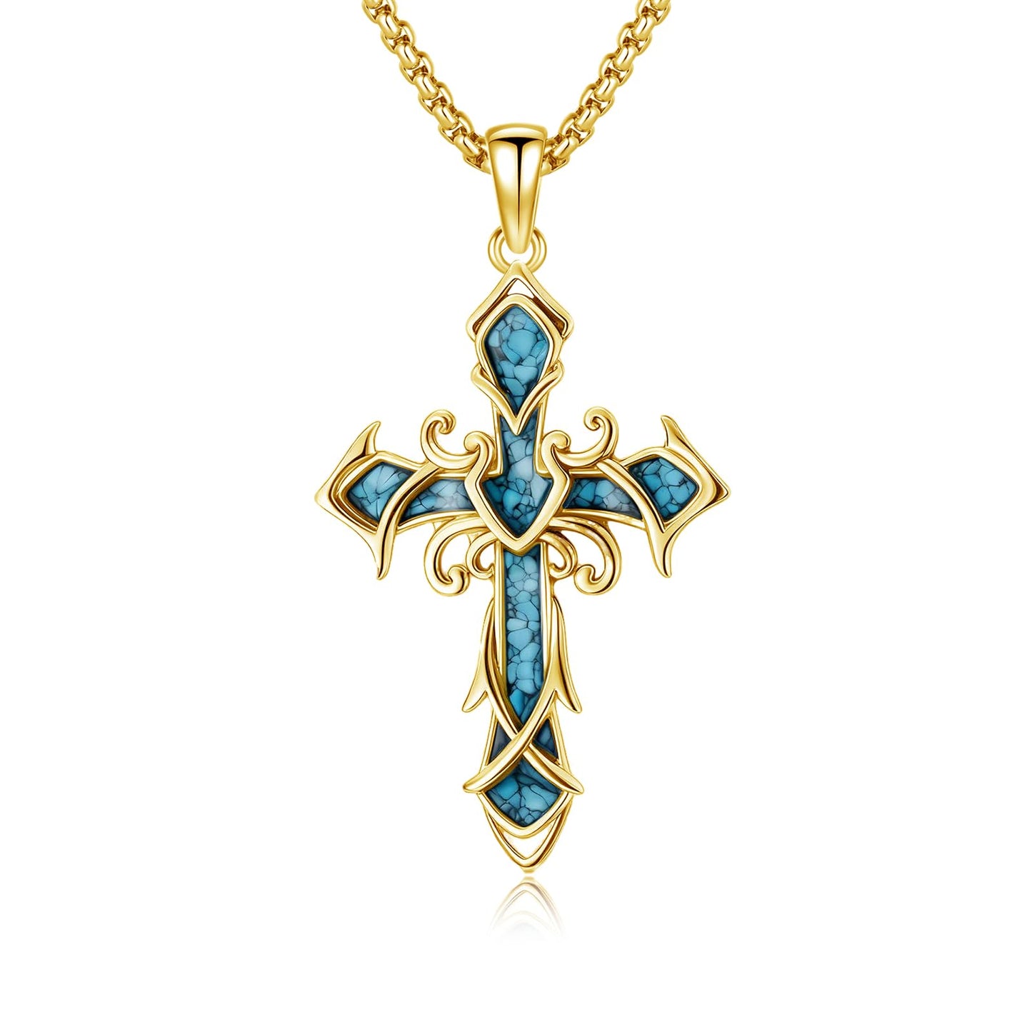 YEESIA Cross Necklace for Men Women, 925 Sterling Silver, Gold Cross Pendant Necklace with Turquoise, Christian Jewelry, Gift for Men Women