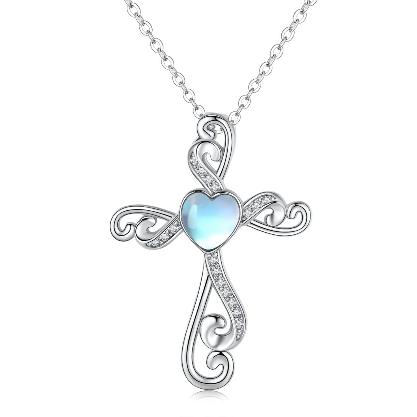 Twoowl Cross Necklace 925 Sterling Silver Moonstone Cross Pendant Necklace Religious Necklace Jewelry Gifts Christmas Birthday for Women Mom