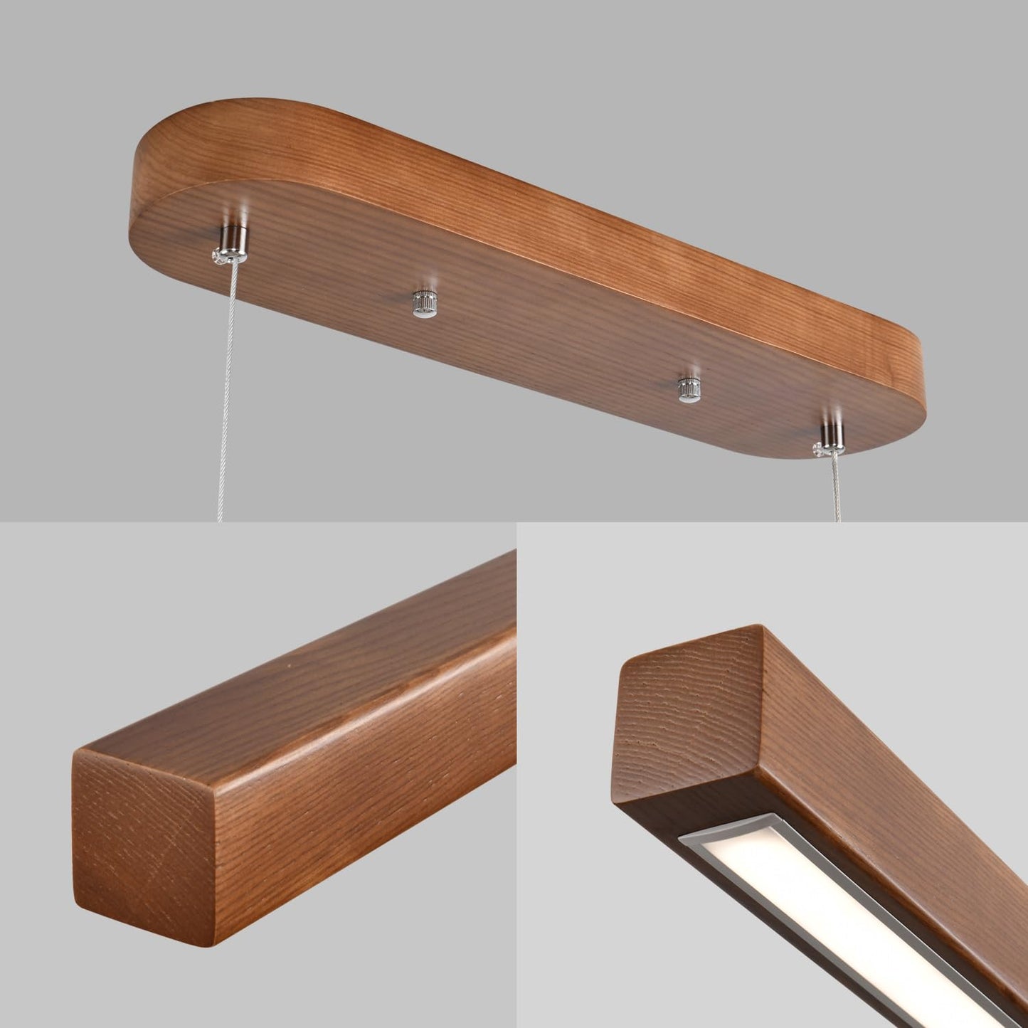 QJCMUUYI 47 Inch Wood Linear Pendant Light Dimmable LED Kitchen Island Lighting with Remote Adjustable Hanging Chandelier for Dining Room Bar Pool Table 30W Modern Farmhouse Fixture Walnut Color