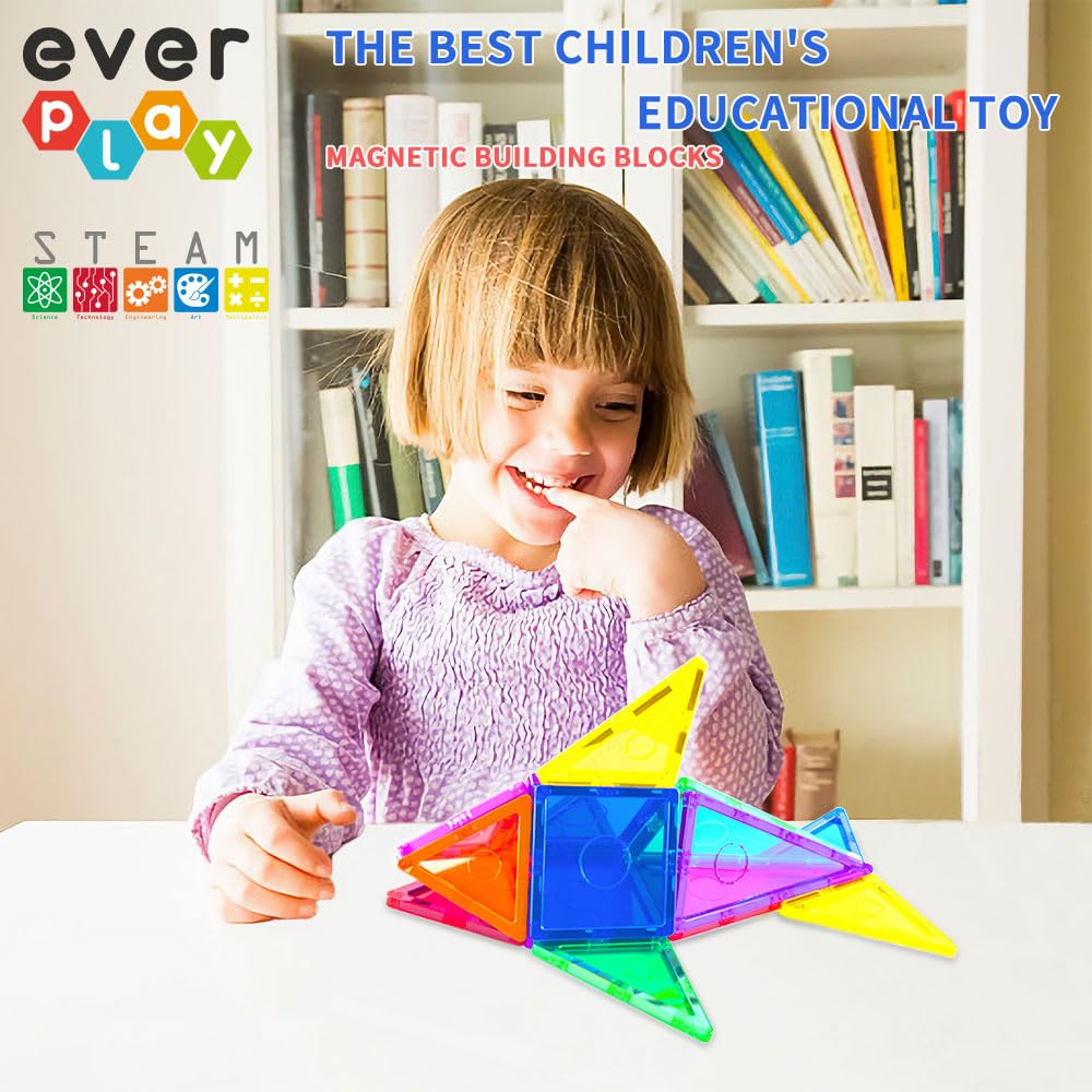 Everplay Magnetic Tiles Starter Set Building Blocks Toys STEM Educational Learning Magnet Toy Preschool Montessori Boys & Girls Smart Unlimited Creative Kit Games Gifts for Age 3+ Kids Toddlers