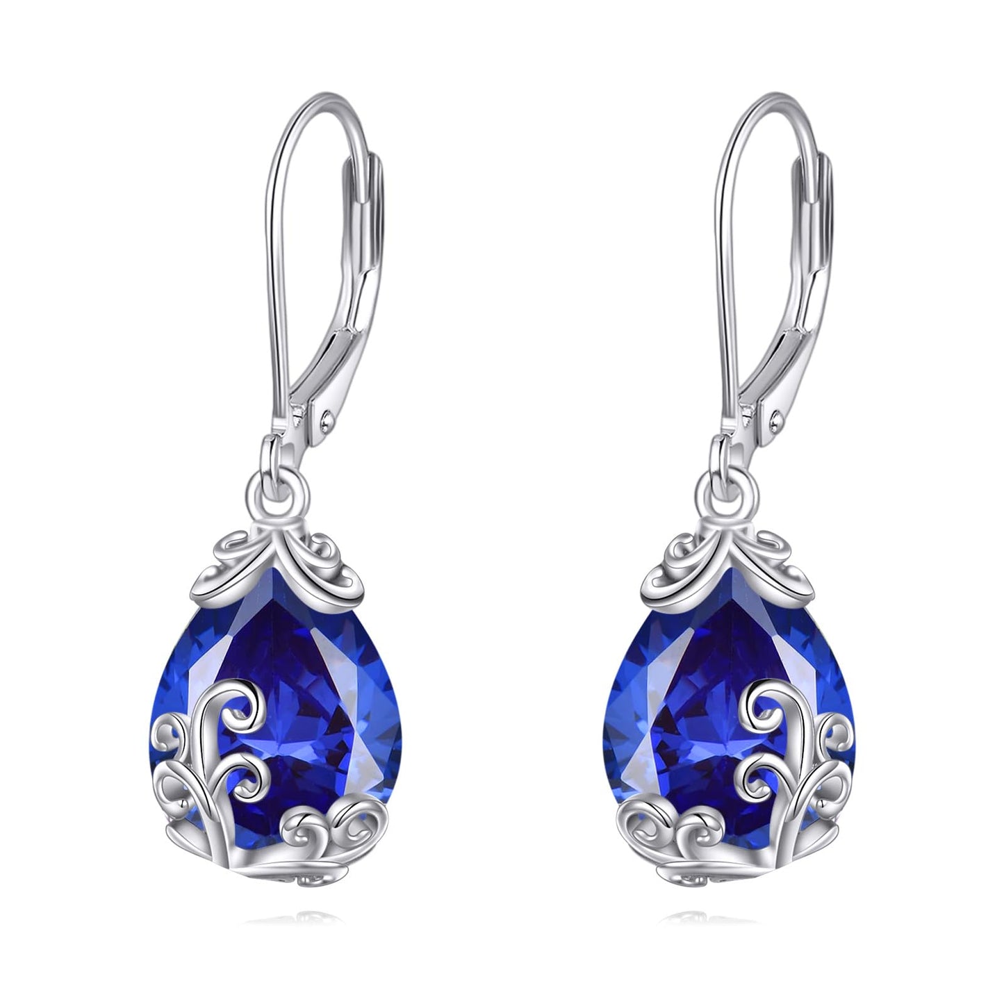 POPLYKE BirthStone Filigree Teardrop Drop Earrings Sterling Silver Sapphire Leverback Earrings September Birthstone Dangle Jewelry Gifts for Women