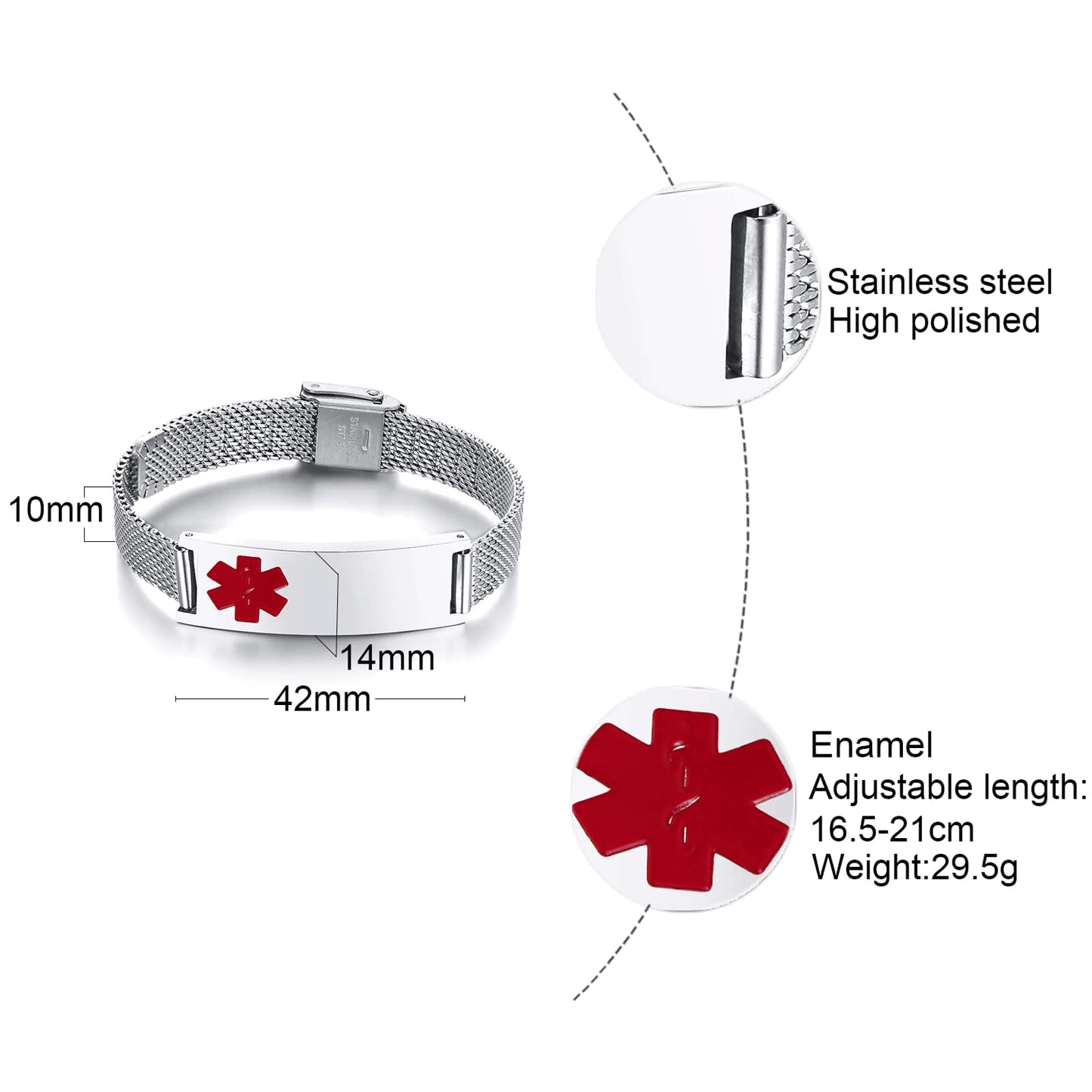 VNOX Medical Alert Bracelets for Men with Free Engraving Adjustable Stainless Steel Mesh Emergency Medical ID Bracelets Wristband,Silver