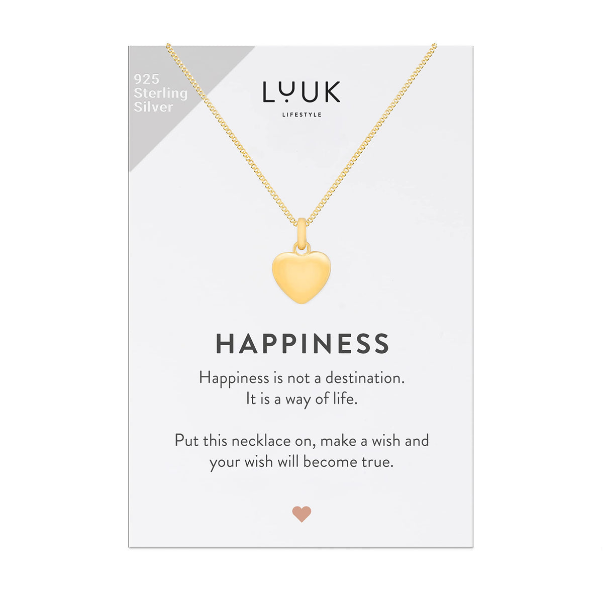 LUUK LIFESTYLE Feminine Necklace with love pendant, HAPPINESS gift card, 925 sterling silver, trendy look, adjustable 19” chain, women's fashion, Valentine's Day gift, birthday, friend, gold