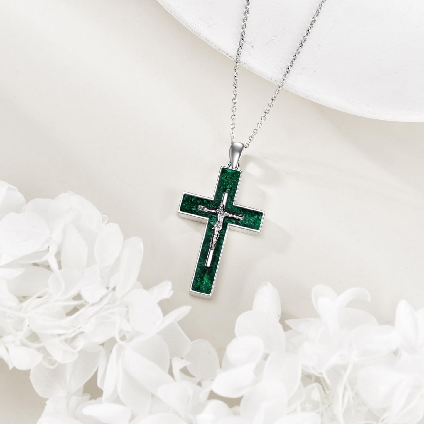 YFN Crucifix Cross Necklace Sterling Silver Jesus Cross Pendant Green Malachite Jewelry Christian Gifts for Women Men