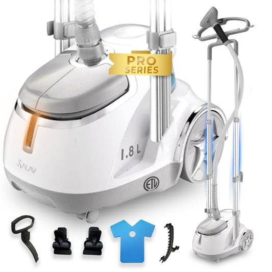 SALAV GS45-DJ Professional Upright Garment Steamer with Roll Wheels, Multi-Function Extra Wide Hanger, Fabric Brush & Mini Ironing Paddle, 1500 watts, Silver