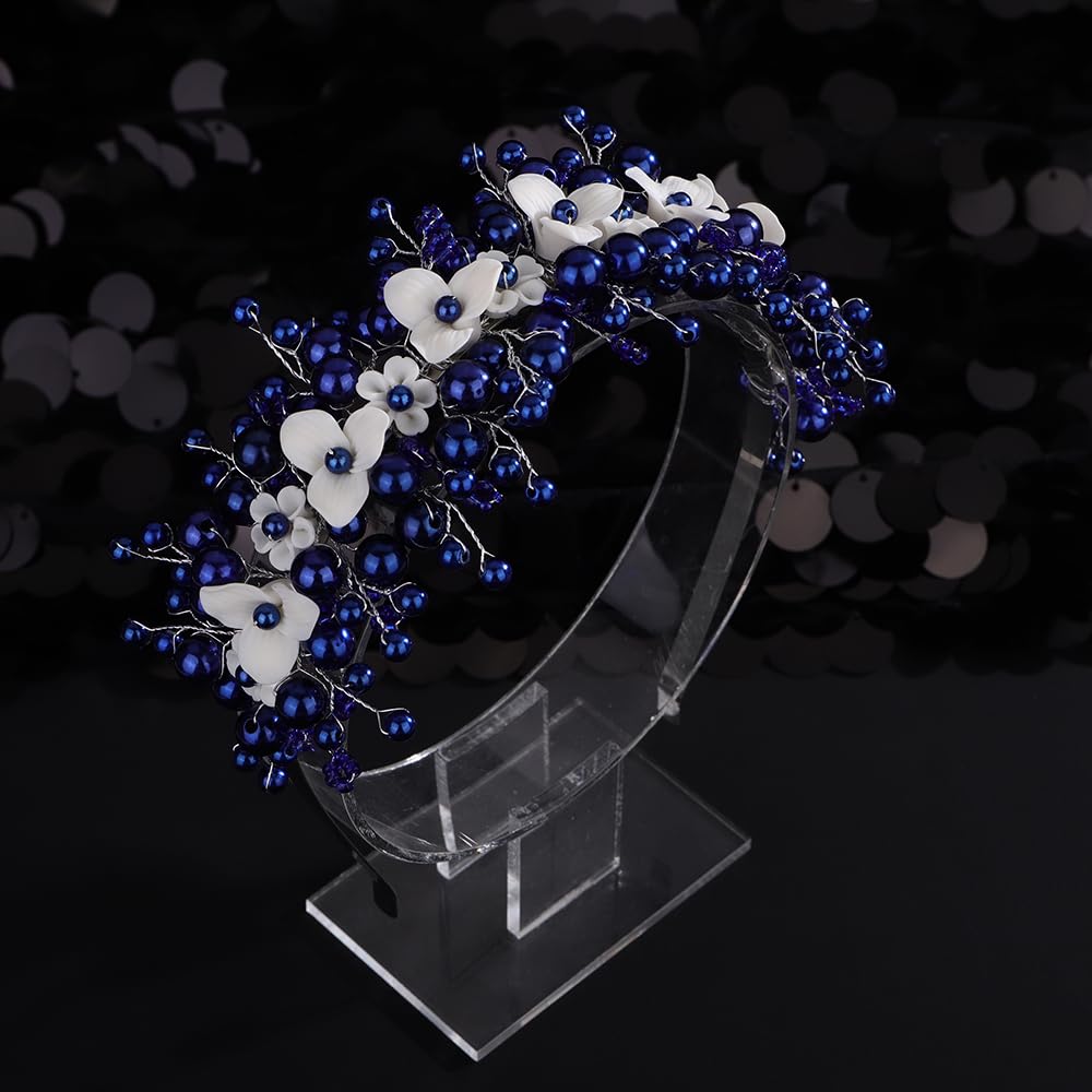Lenjicons Elegant Faux Pearls Flower Headband White Flower Beads Wedding Headband Handmade Bridal Hair Crown Wedding Bridal Headpiece for Brides Bridesmaid (blue)