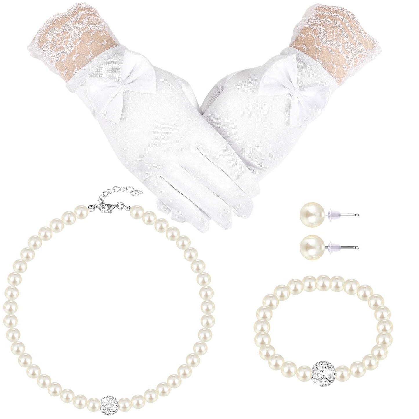 Geyoga 4 Pcs Pearl Necklace Set for Little Girls Toddler Girls Jewelry Communion Gloves for Kids Christmas Tea Party Wedding(Elegant Style,4-8 Years)