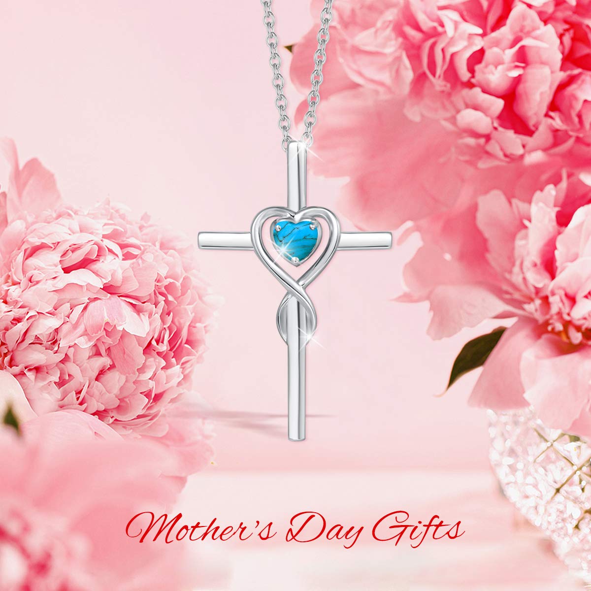 FANCIME Turquoise Cross Necklace For Women Sterling Silver Birthstone Turquoise Infinity Heart Cross Pendant December Birthstone Jewelry Valentines Day Gifts for Women