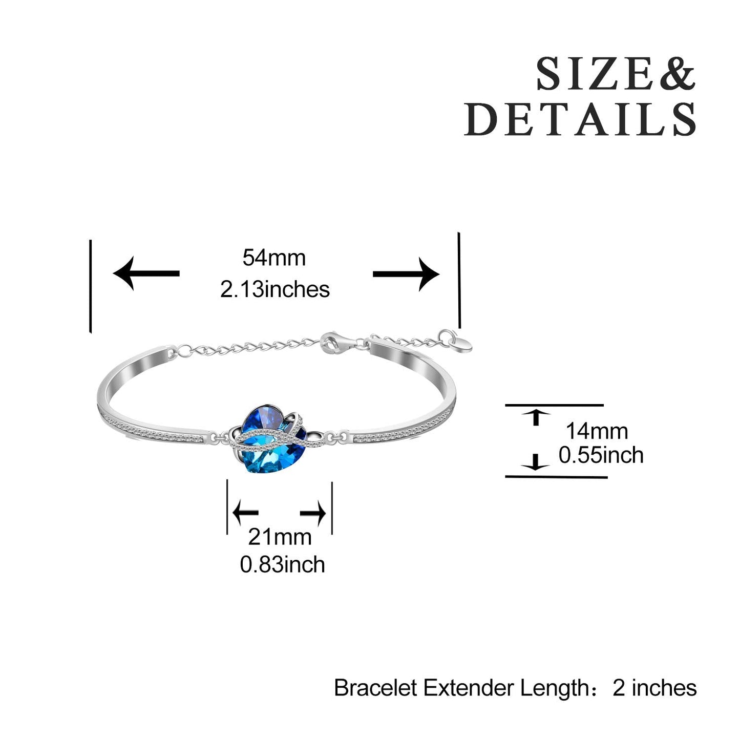 AOBOCO Infinity Heart Bangle Bracelet Sterling Silver I Love You Women Bracelet Embellished with Blue Crystals from Austria, Fine Anniversary Birthday Jewelry Gifts for Women Wife Girlfriend Daughter