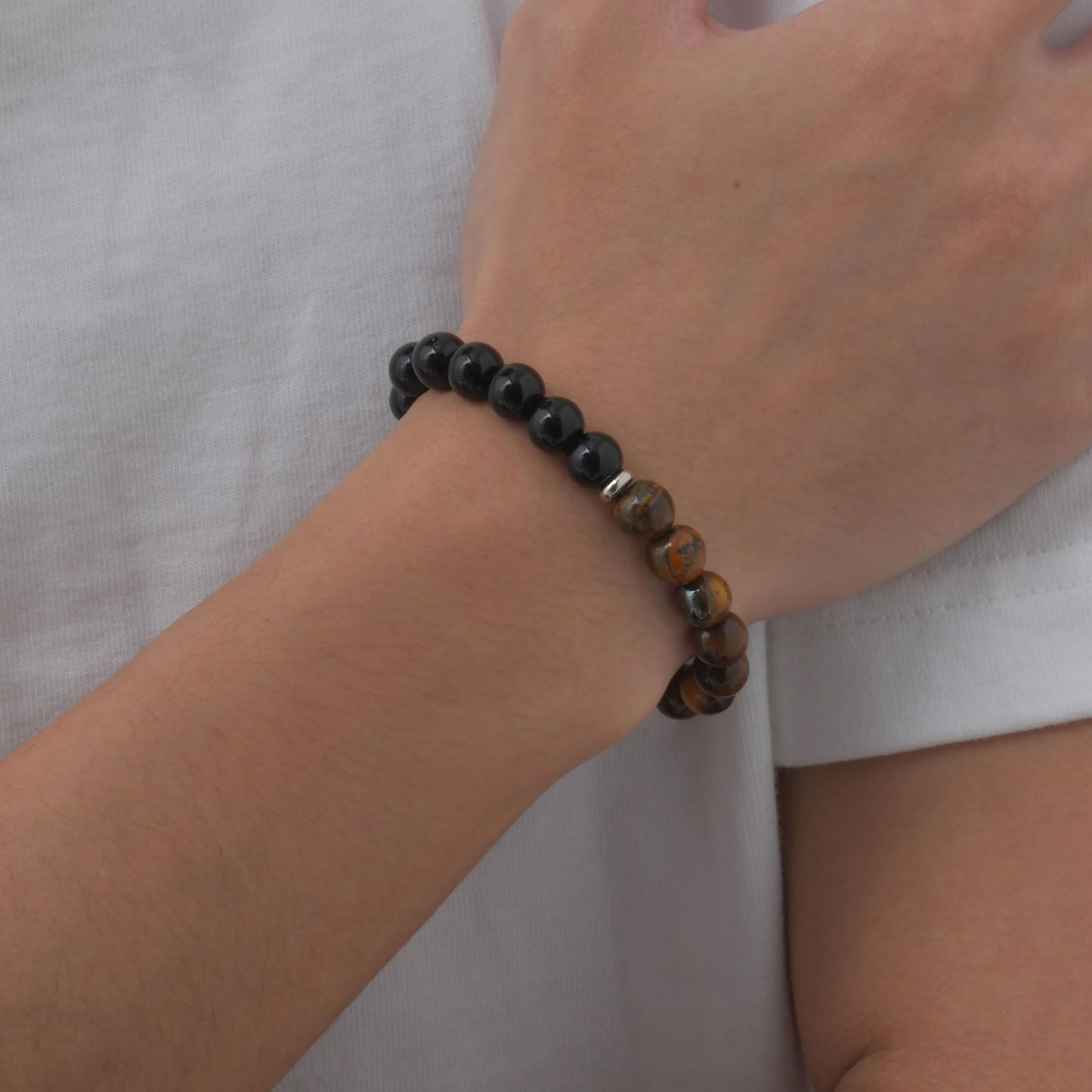 FUTPLOR Triple Protection Bracelet (Tiger Eye Stone,Black Tourmaline,Hematite), 8mm Beaded Bracelets for Men Women, Elastic Bracelets 17cm/ 6.69in