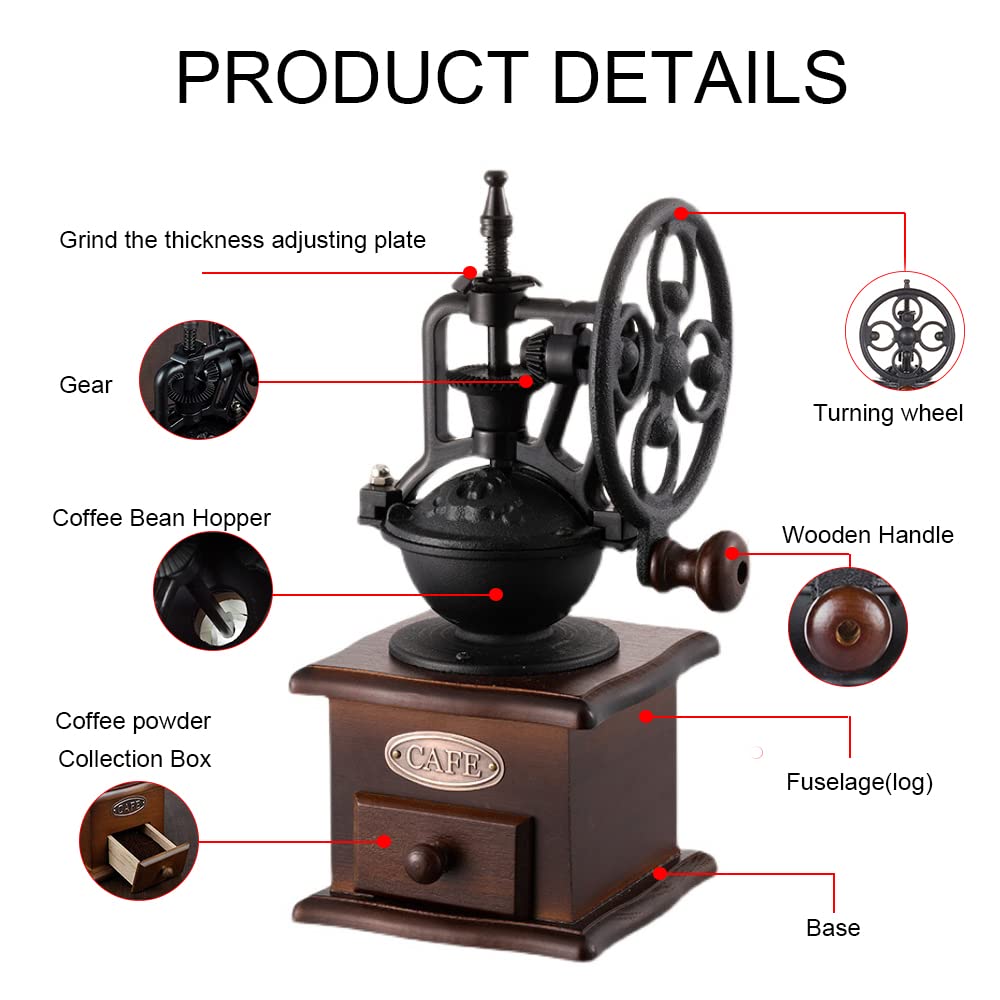 Burr Coffee Grinder, Vintage Style Wooden Hand Grinder, Classic French Press Coffee Mill With Brush