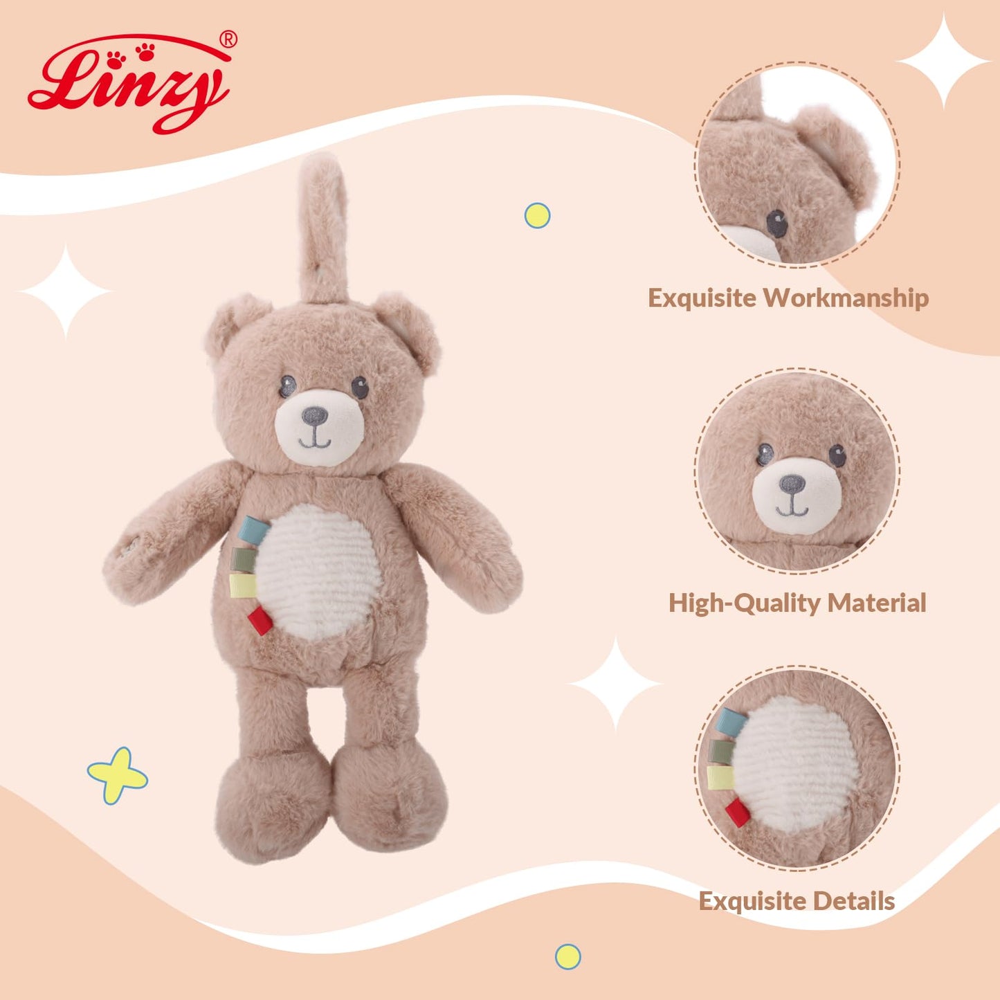 Linzy 10" Light-Up Baby Stroller Toy – Musical Bear Baby Soother, Soft Teddy Bear Plush Stuffed Animal with LED Night Light & Lullaby Music, Birthday Christmas for Newborns Toddlers Kids